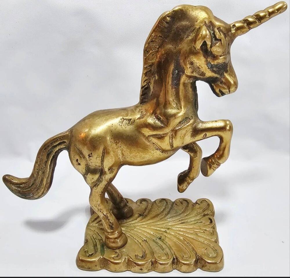Vintage Solid Brass Rearing Unicorn Figure Statue on Decrative Base 5.5”T
